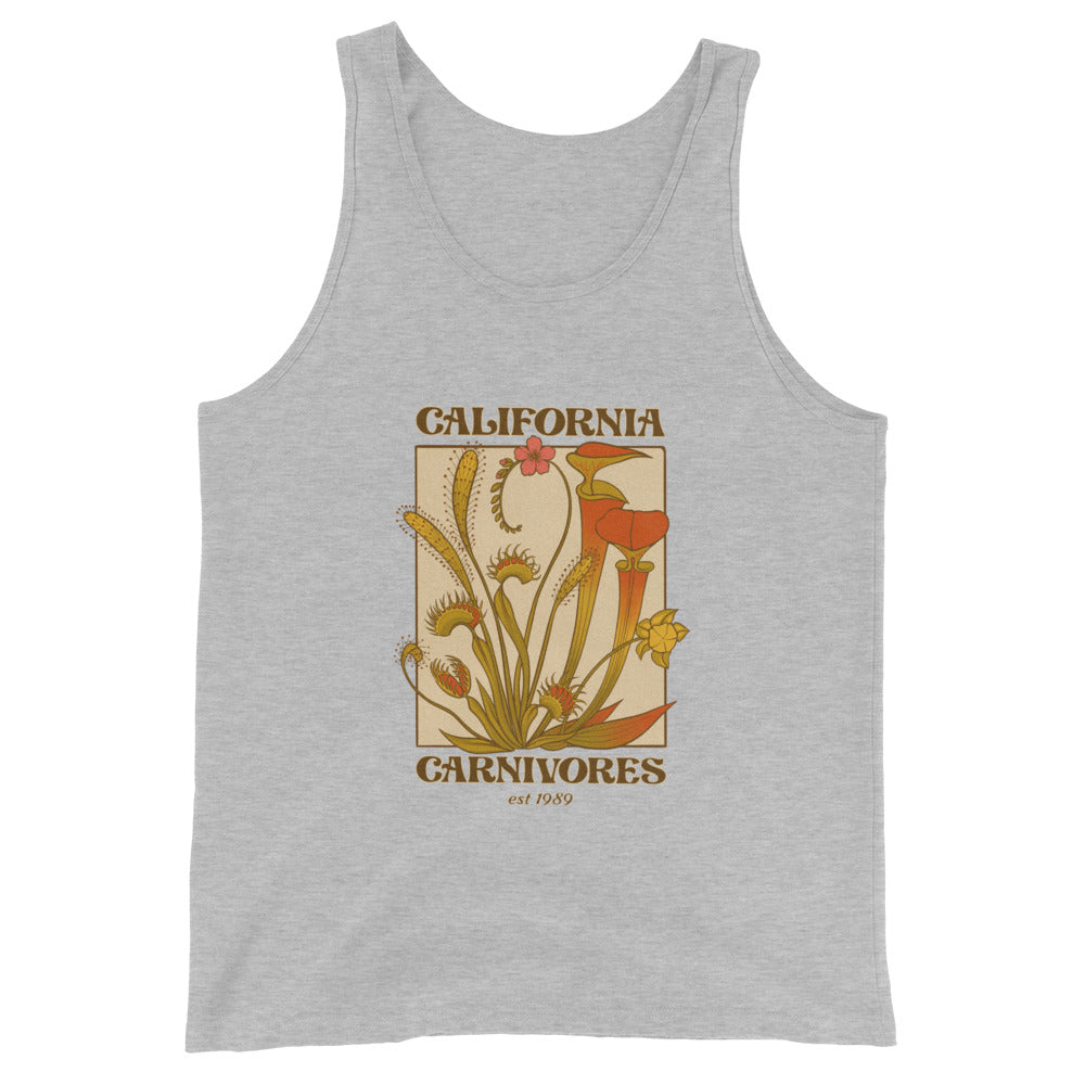 Gray tank top with a graphic design of carnivorous plants and text on a white background