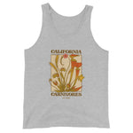 Gray tank top with a graphic design of carnivorous plants and text on a white background