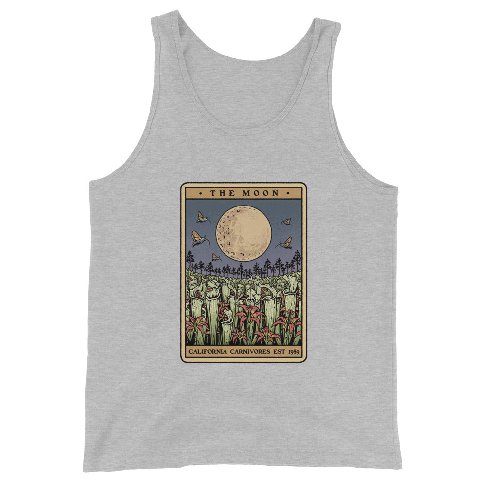 Gray tank top with a graphic design of a moon and nature elements on a white background