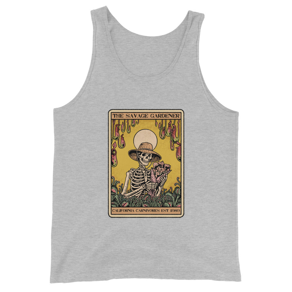 Heather Gray tank top with a graphic design of a skeleton and text on a white background