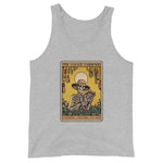 Heather Gray tank top with a graphic design of a skeleton and text on a white background