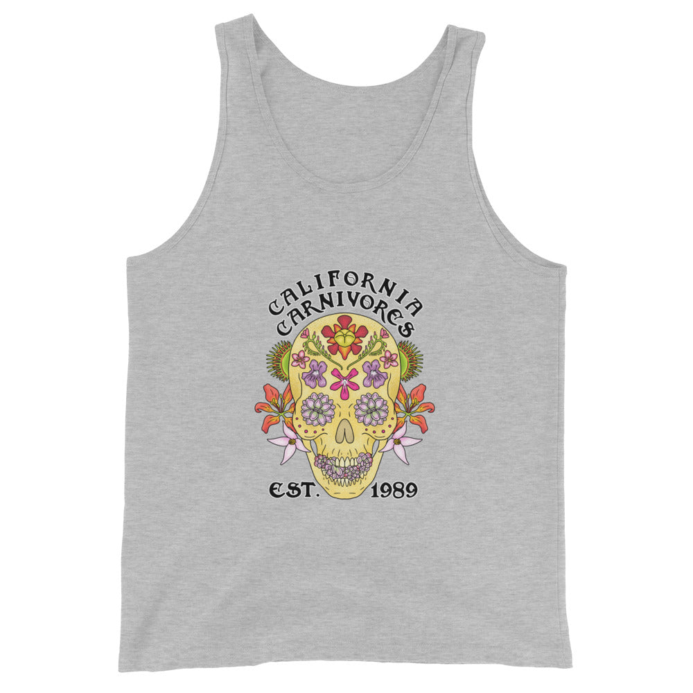 Gray tank top with a colorful skull design and 'California Carnivores' text on a white background