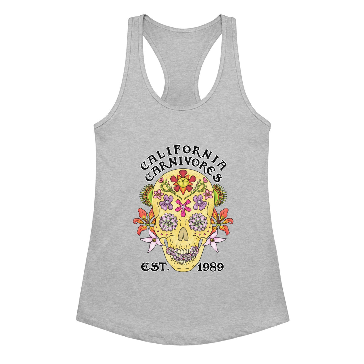 Heather Gray tank top with a colorful skull design and 'California Carnivores' text on a white background