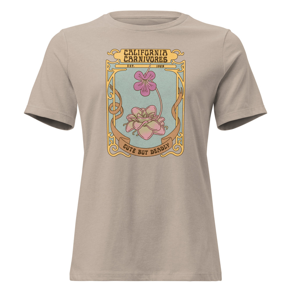 Beige t-shirt with a graphic design featuring flowers and text on a white background