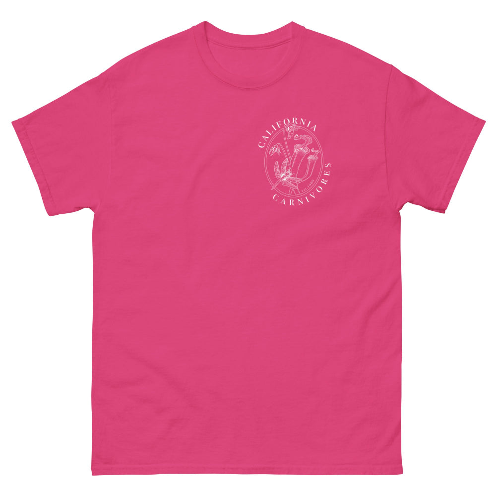 Pink t-shirt with a white logo on a white background