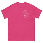 Pink t-shirt with a white logo on a white background