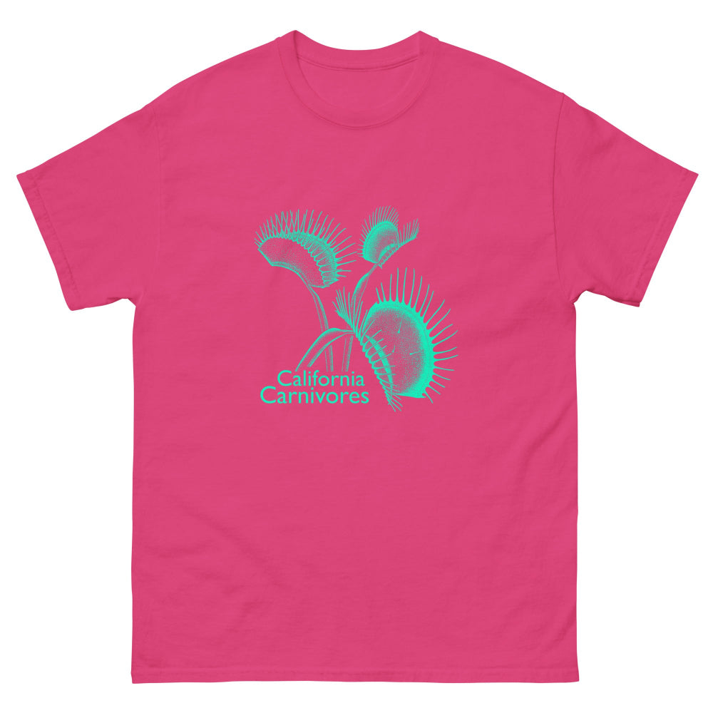 Pink t-shirt with a teal graphic and 'California Carnivores' text on a white background