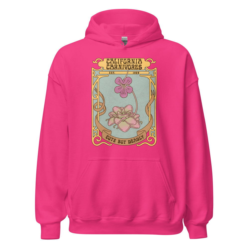 Pink hoodie with a graphic design on the back against a white background
