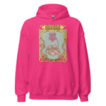 Pink hoodie with a graphic design on the back against a white background