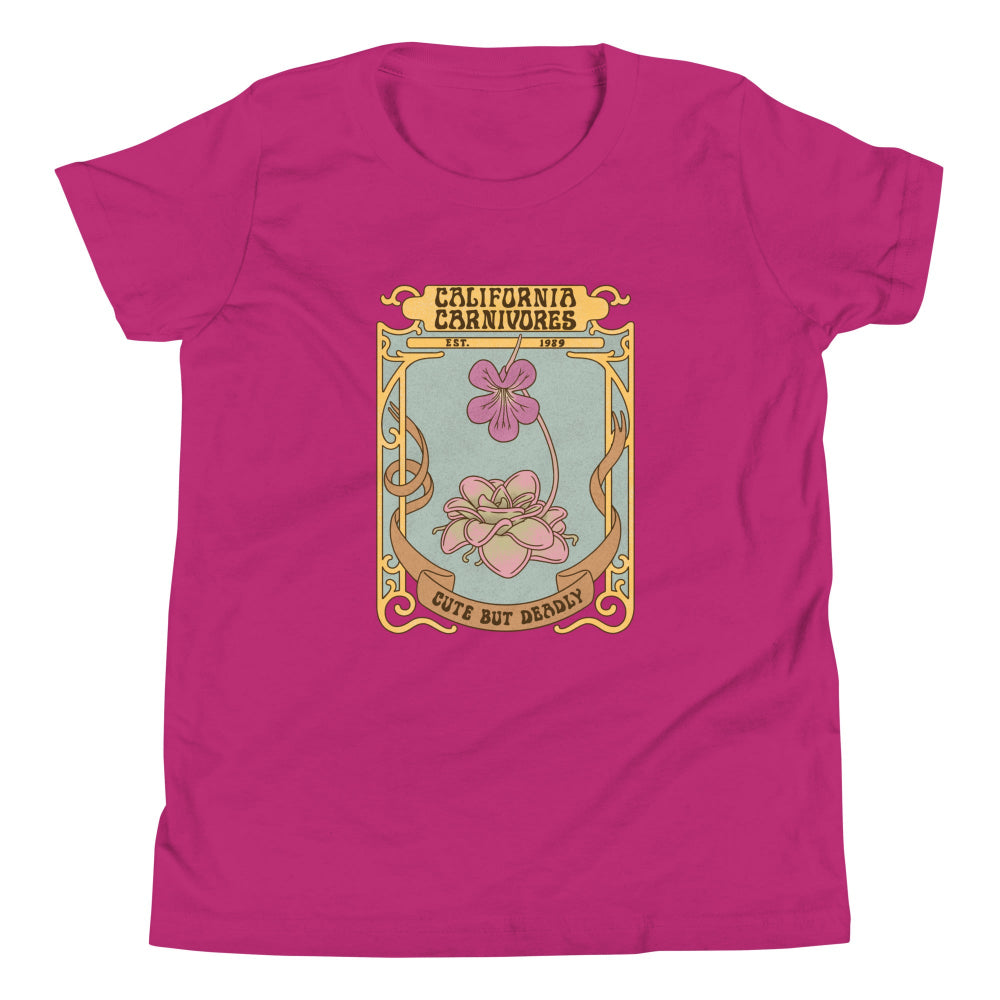 Pink t-shirt with a floral graphic and text on a white background