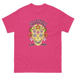 Pink t-shirt with a colorful skull design and 'California Carnivores' text on a white background