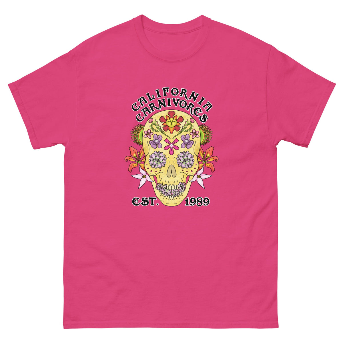 Pink t-shirt with a colorful skull design and 'California Carnivores' text on a white background
