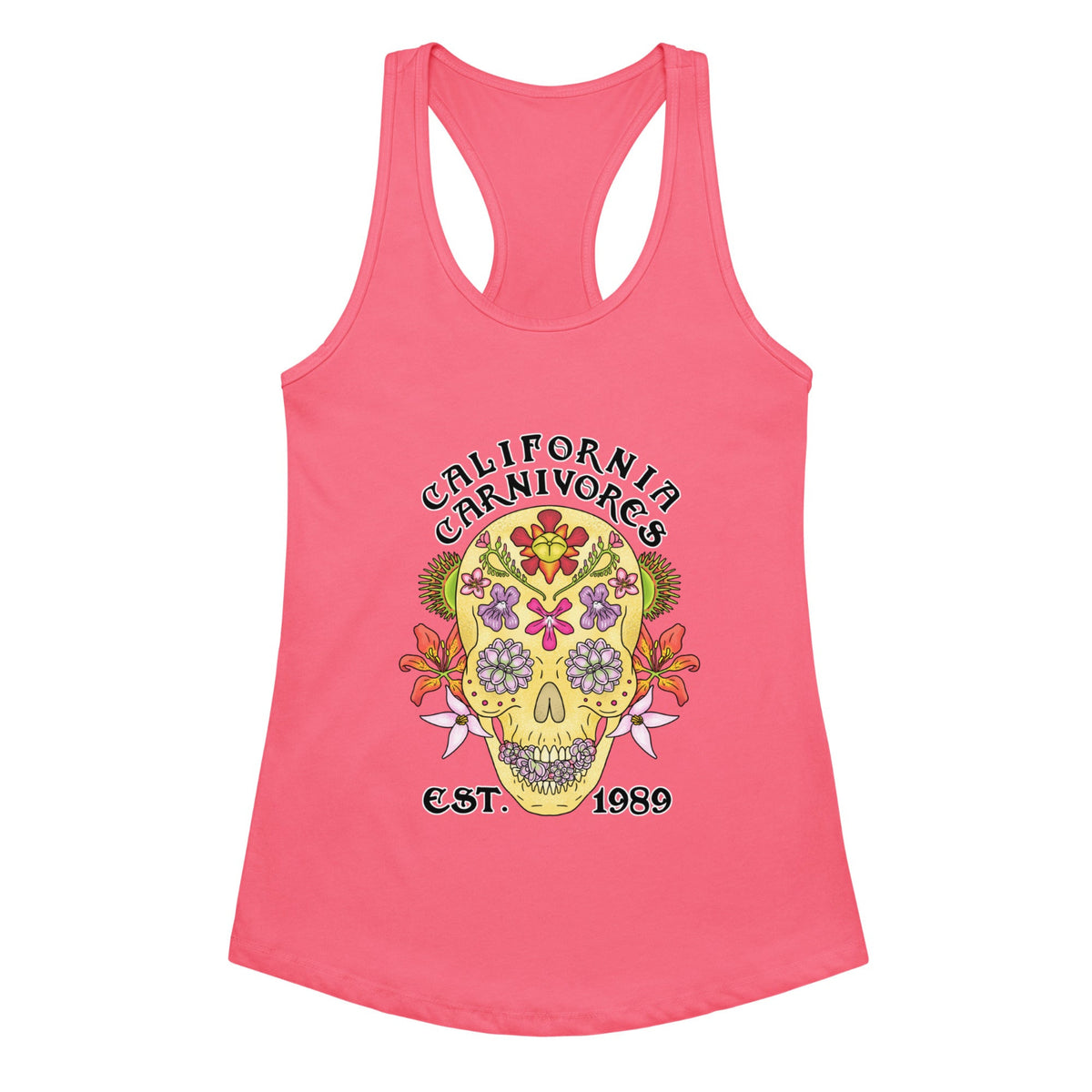 Pink tank top with a colorful skull design and 'California Carnivores' text on a white background