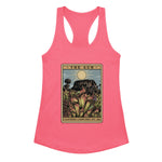 Hot Pink Womens Tank Top with a graphic design of a tarot card featuring heliamphora and text 