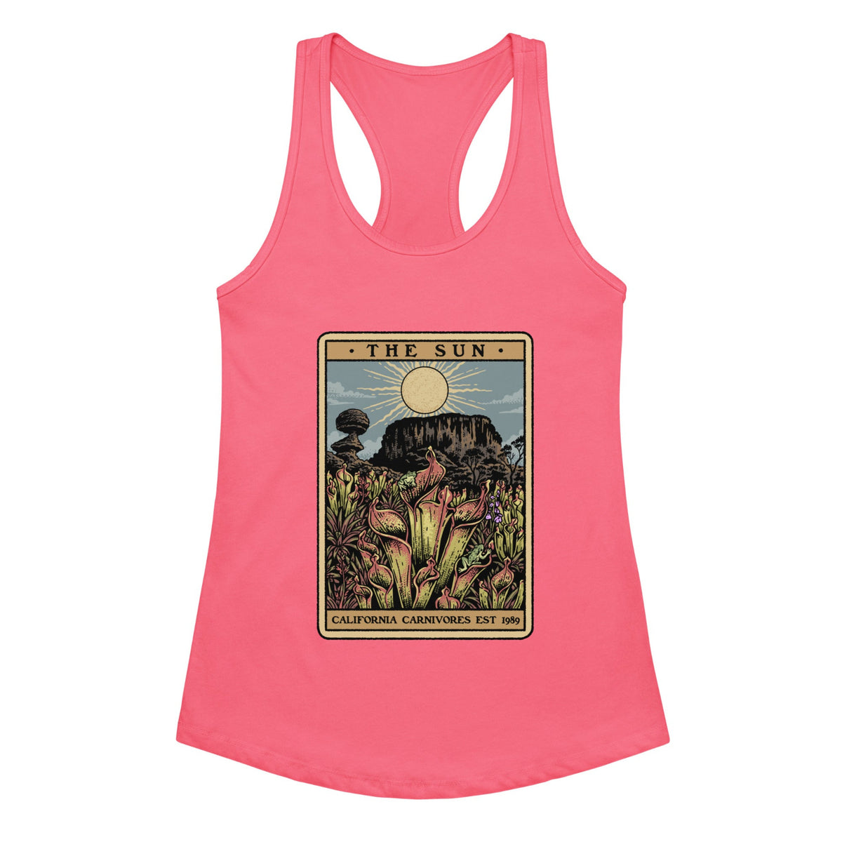 Hot Pink Womens Tank Top with a graphic design of a tarot card featuring heliamphora and text 