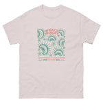 Ice Grey California Carnivores unisex shirt with Wicked Hungry in coral, in the upper middle, surrounded by wood block print style flytraps in teal. 