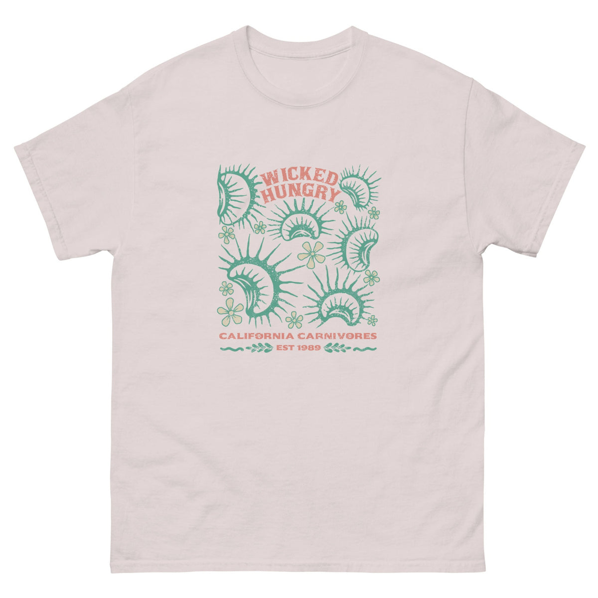Ice Grey California Carnivores unisex shirt with Wicked Hungry in coral, in the upper middle, surrounded by wood block print style flytraps in teal. 