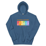 Blue hoodie with colorful graphic and text on a white background