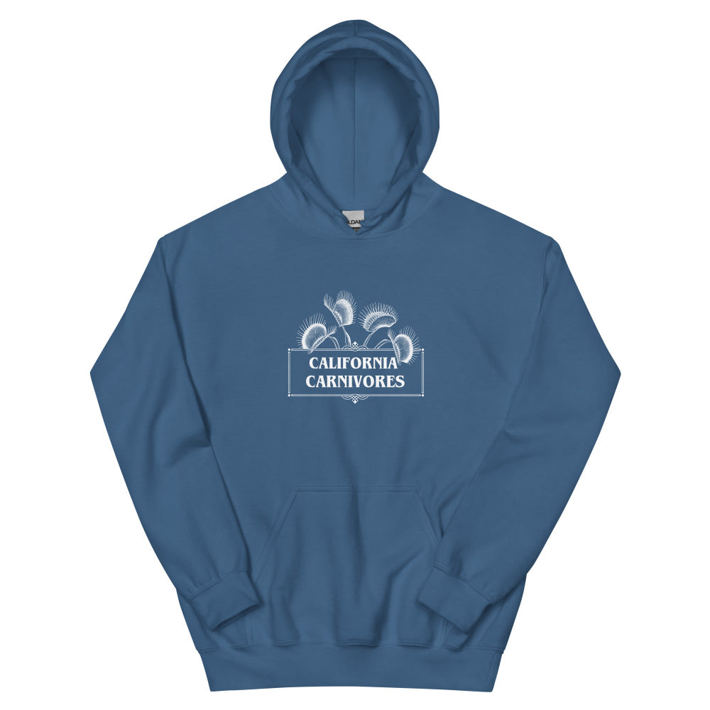 Indigo Blue hoodie with text and California Carnivores logo on a white background