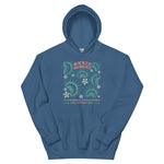 Indigo Blue California Carnivores unisex hoodie with Wicked Hungry in coral, in the upper middle, surrounded by wood block print style flytraps in teal. 
