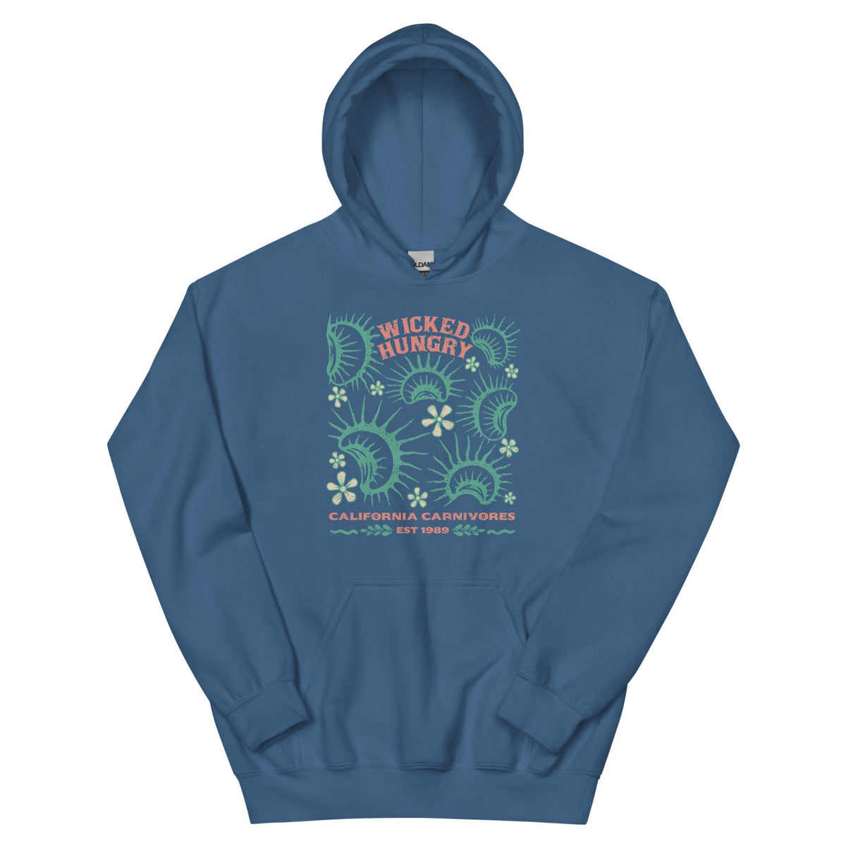 Indigo Blue California Carnivores unisex hoodie with Wicked Hungry in coral, in the upper middle, surrounded by wood block print style flytraps in teal. 