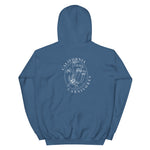 Blue hoodie with 'California Carnivores' logo on the back against a white background