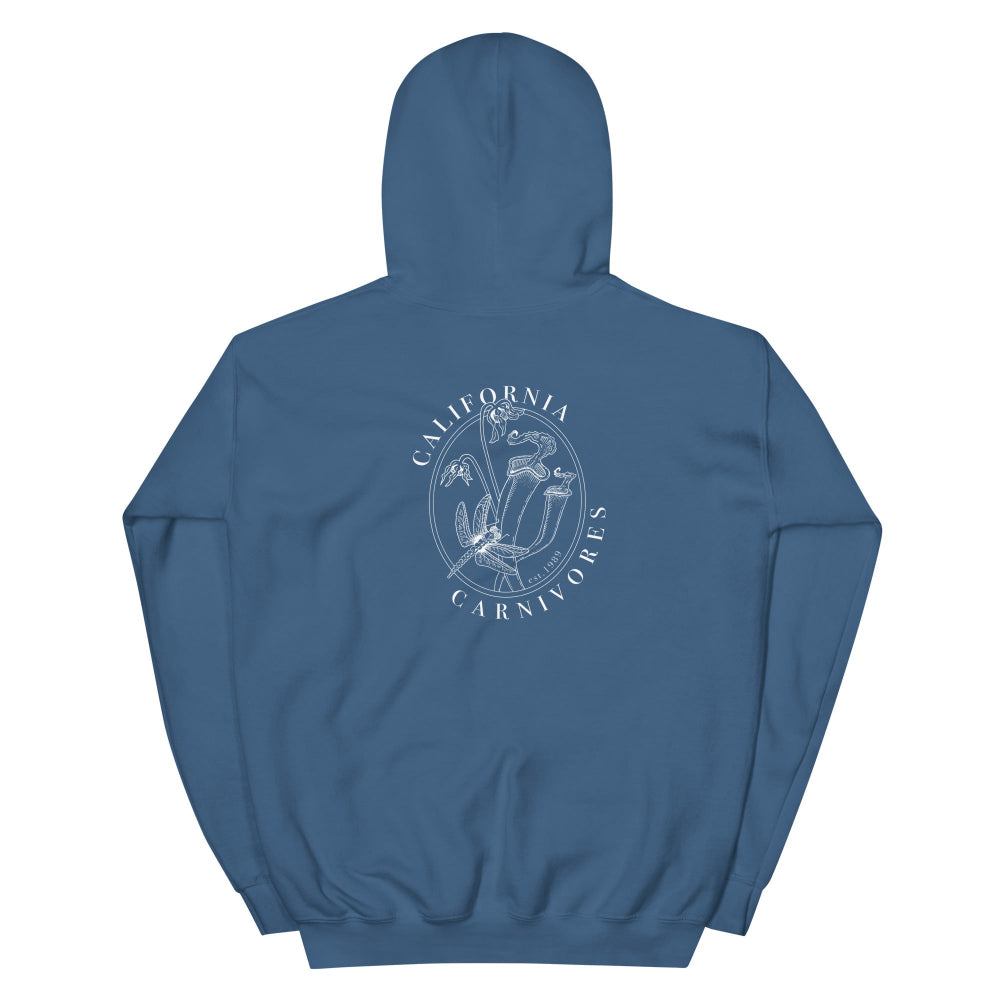 Blue hoodie with 'California Carnivores' logo on the back against a white background