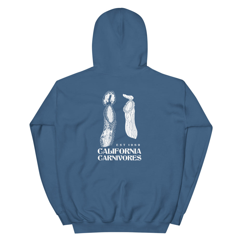 Blue hoodie with white graphic design on the back on a white background