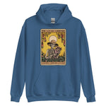 Blue hoodie with a skeleton and garden design on a white background