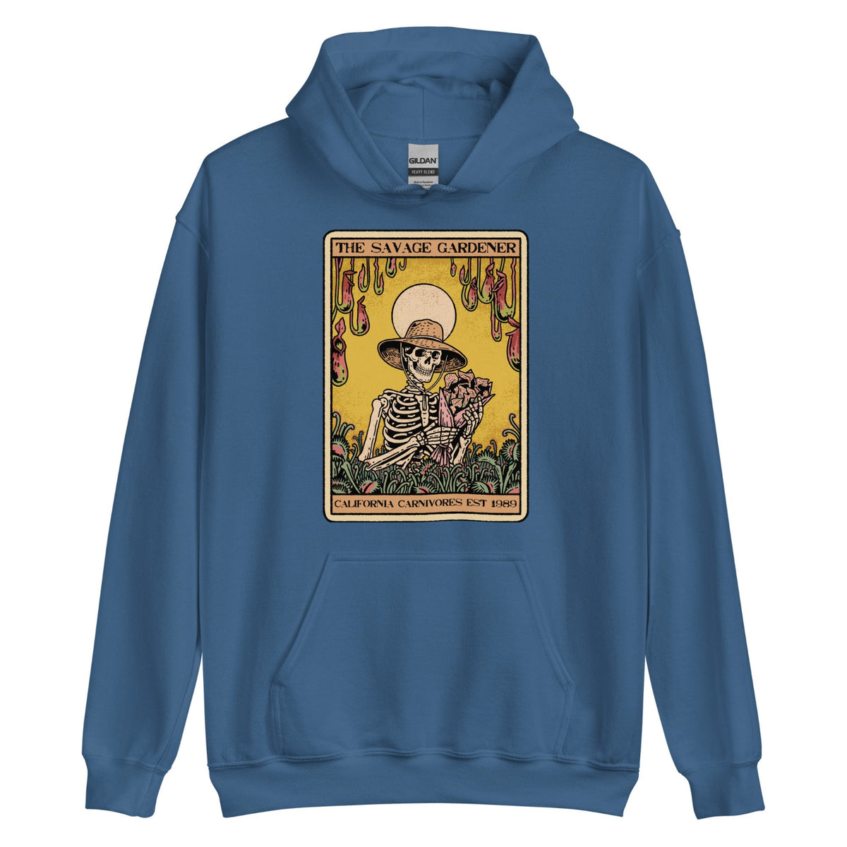 Blue hoodie with a skeleton and garden design on a white background