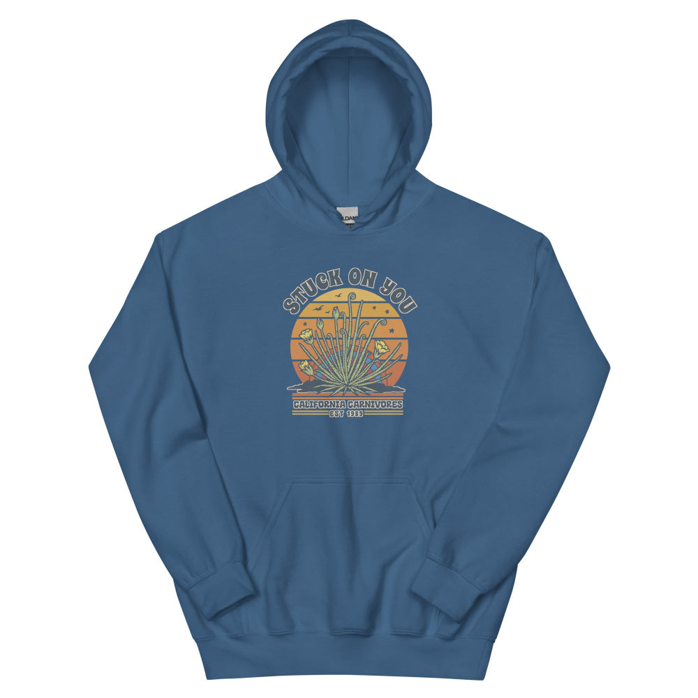 Indigo blue hoodie with Stuck on you graphic design