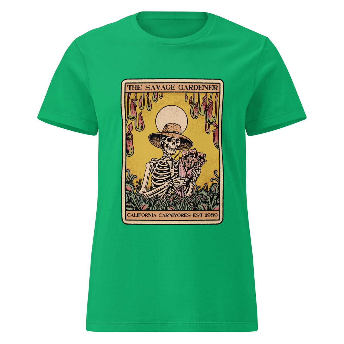 Green t-shirt with a skeleton graphic and text on a white background
