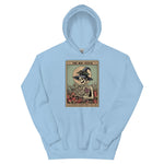 Light blue hoodie with a graphic of a skeleton in a witch hat and a book on a white background