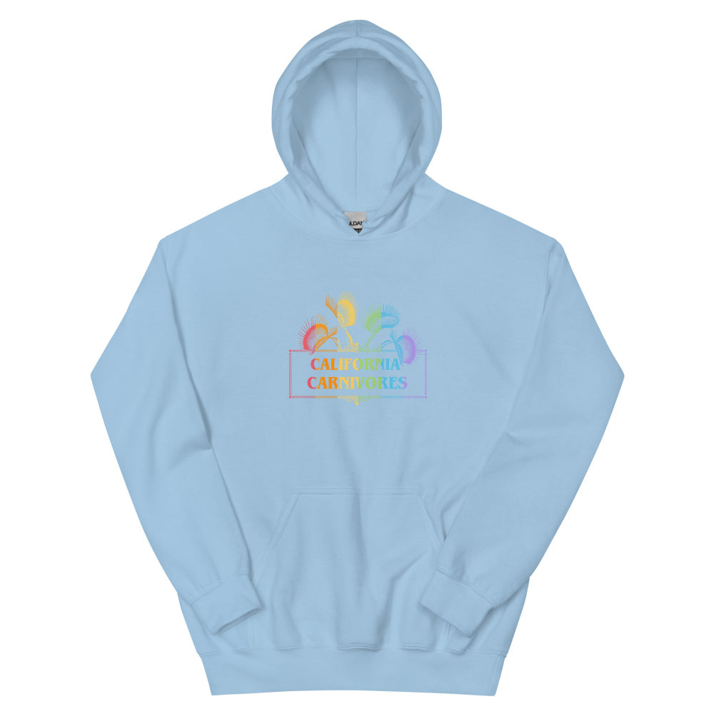Light blue hoodie with colorful graphic and text on a white background