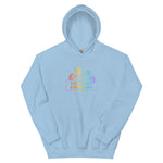 Light blue hoodie with colorful graphic and text on a white background