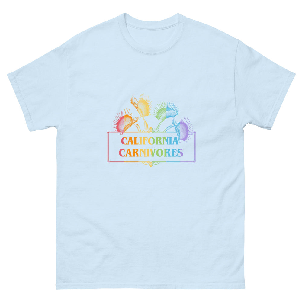 Light blue t-shirt with colorful graphic and 'California Carnivores' text on a white background