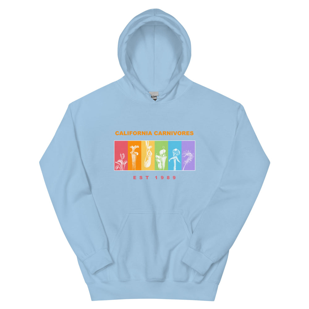 Light blue hoodie with colorful graphic and text on a white background