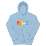 Light blue hoodie with colorful graphic and text on a white background