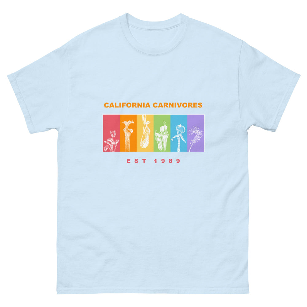 Light blue t-shirt with colorful graphic and 'California Carnivores' text on a white background