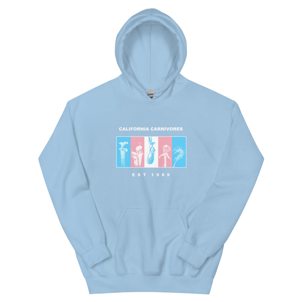 Light blue hoodie with graphic design on a white background