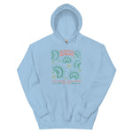 Light Blue California Carnivores unisex hoodie with Wicked Hungry in coral, in the upper middle, surrounded by wood block print style flytraps in teal. 
