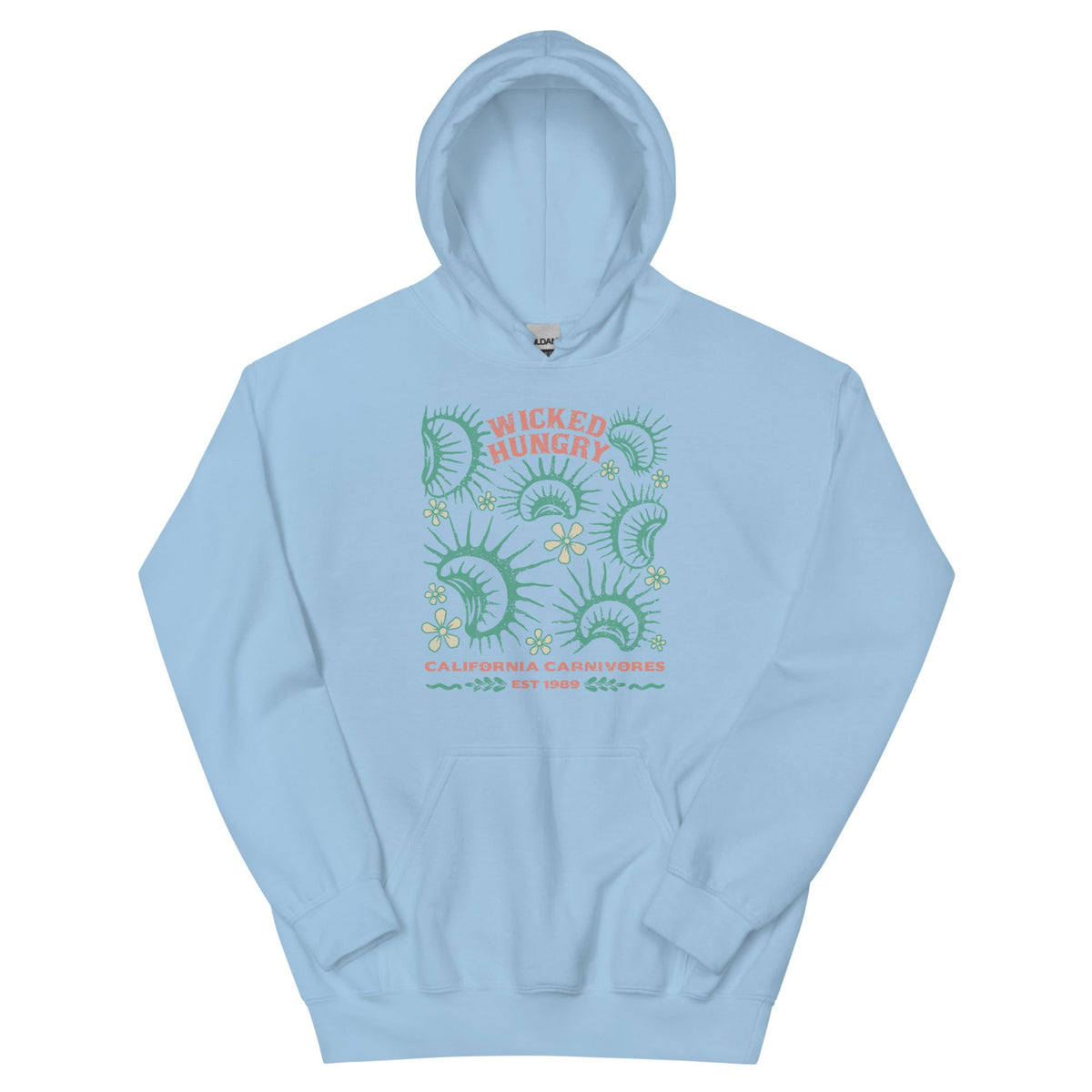 Light Blue California Carnivores unisex hoodie with Wicked Hungry in coral, in the upper middle, surrounded by wood block print style flytraps in teal. 