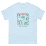 Light Blue California Carnivores unisex shirt with Wicked Hungry in coral, in the upper middle, surrounded by wood block print style flytraps in teal. 