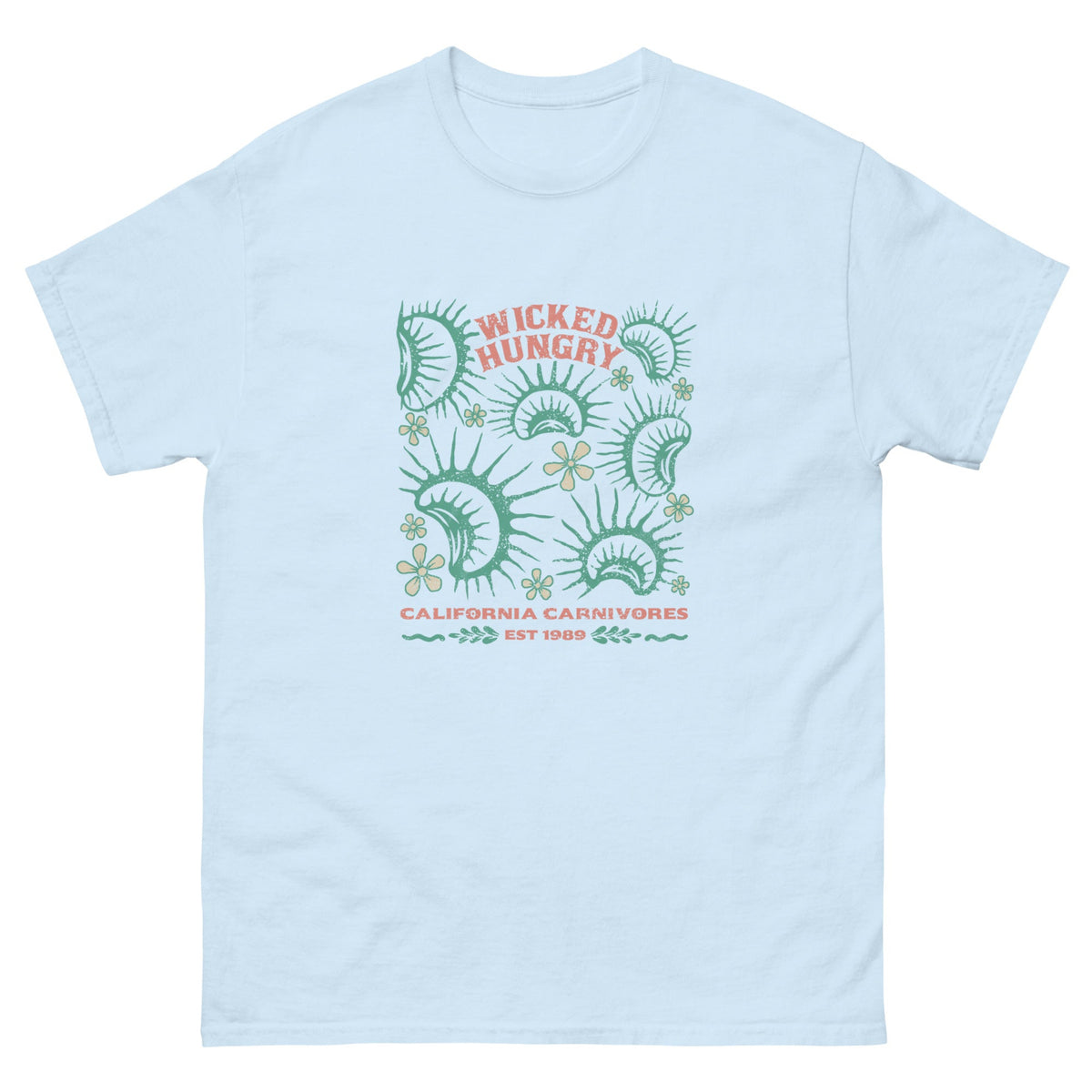 Light Blue California Carnivores unisex shirt with Wicked Hungry in coral, in the upper middle, surrounded by wood block print style flytraps in teal. 