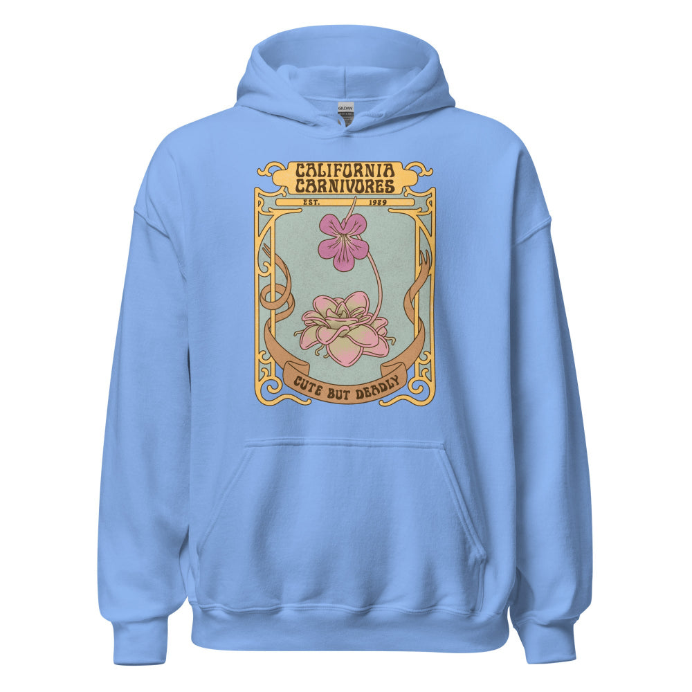 Light blue hoodie with a decorative graphic on a white background