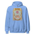 Light blue hoodie with a decorative graphic on a white background