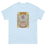Light blue t-shirt with a graphic design of flowers and text on a white background