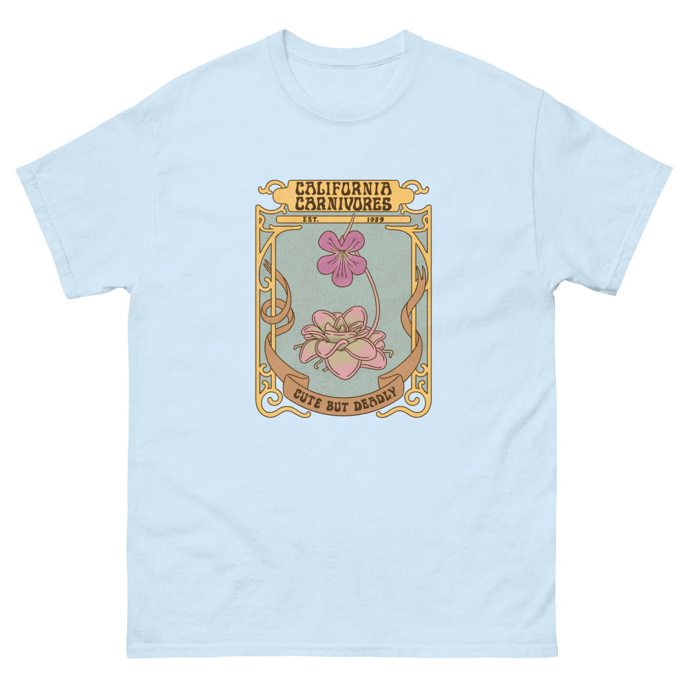 Light blue t-shirt with a graphic design of flowers and text on a white background