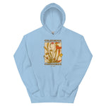 Light blue hoodie with a graphic design on the chest against a white background
