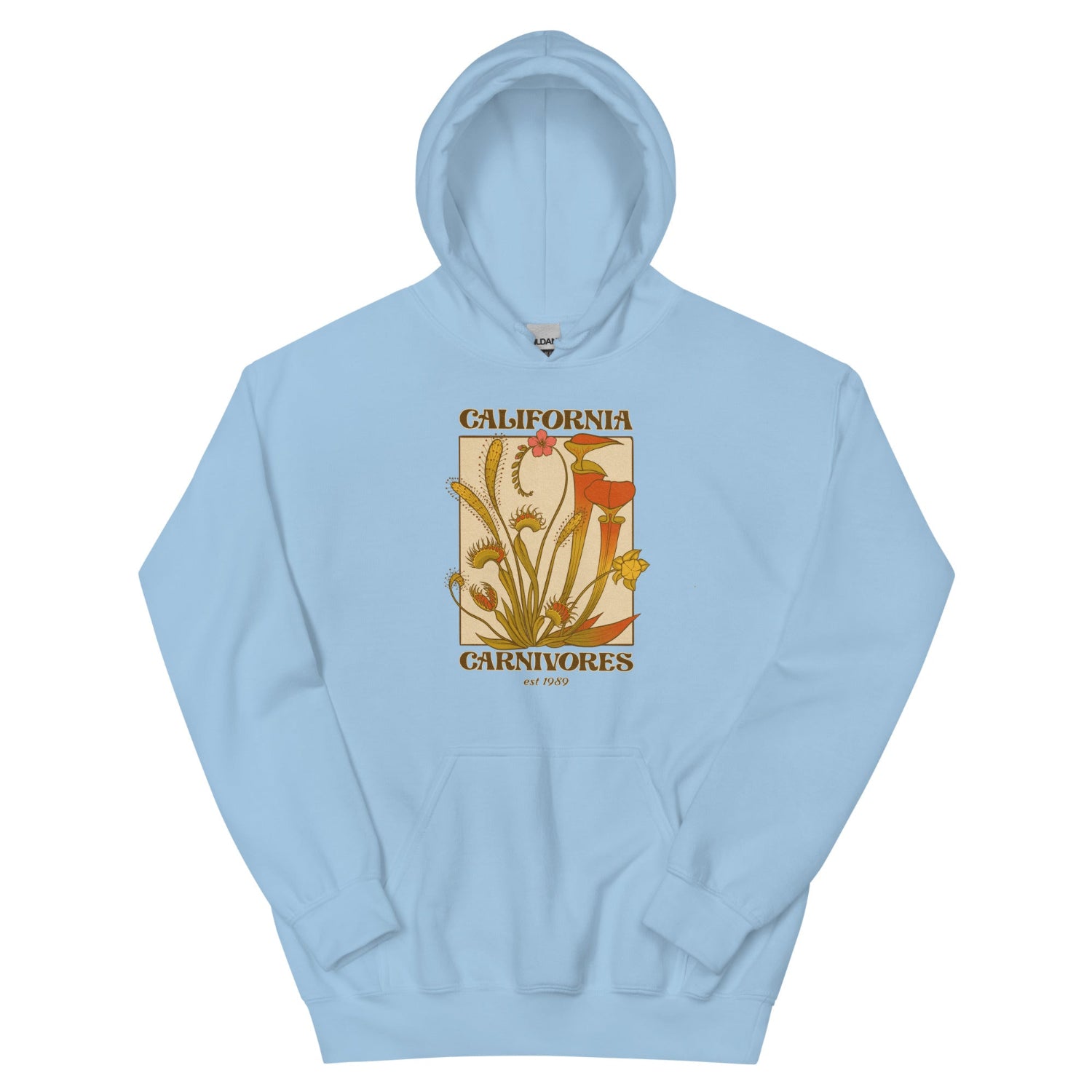 Light blue hoodie with a graphic design on the chest against a white background